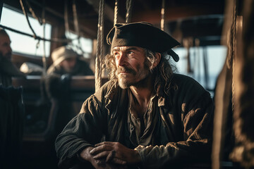 Obraz premium portrait of pirate captain in costume and hat on medieval ship. Generative AI