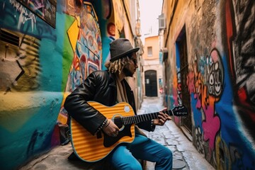 Naklejka na ściany i meble A man with dreadlocks playing a guitar in a narrow street with lot of graffiti. AI generative image.