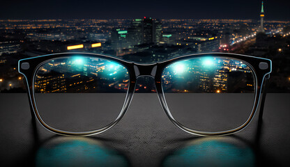 Night cityscape focused on glasses lenses. Generative AI	