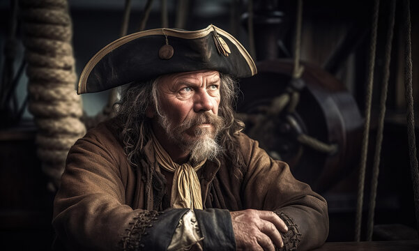 old pirate captain in costume and hat on medieval ship. Generative AI