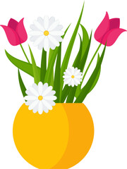 Potted chamomile and tulips. Garden flowers. Flat vector illustration isolated on white background.