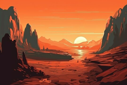 Mars planet landscape sunset. Generate Ai