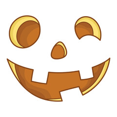 Happy smile face for jack lantern. Funny facial expression. A fictional Halloween cartoon character. Simple flat element for holiday design. Isolated clipart on a white background. For sticker.
