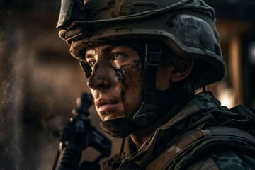 Fototapeta premium Young war soldier. Generate Ai