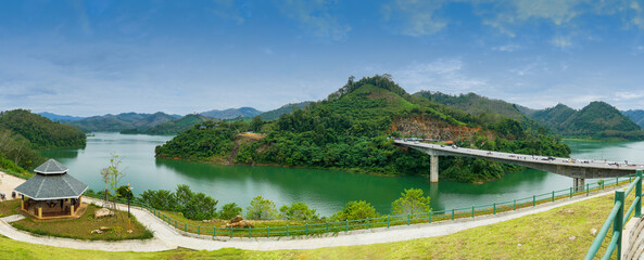 Amazing panorama view of Bang Lang Dam Bridge, pavilian, road, mountain and trees from view point....