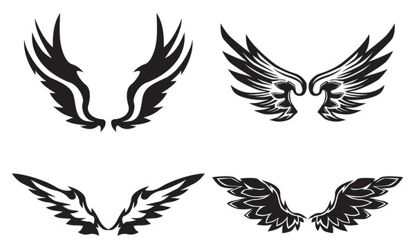 Heraldic wings of angel or bird black silhouettes of spread wings with  tribal stylized plumage and pointed feathers. Heraldry theme or tattoo  design Stock Vector Image & Art - Alamy