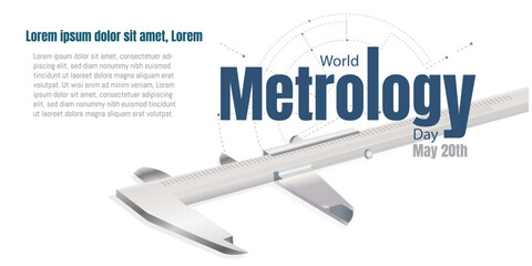 World Metrology Day.20 May.Metal caliper on white background and dotted lines in the background.Space for text.