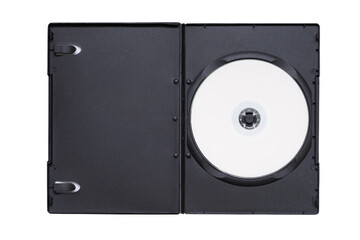 White DVD. Disc in DVD box isolated on white background. CD in black box