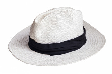 White hat with black ribbon on a white background.