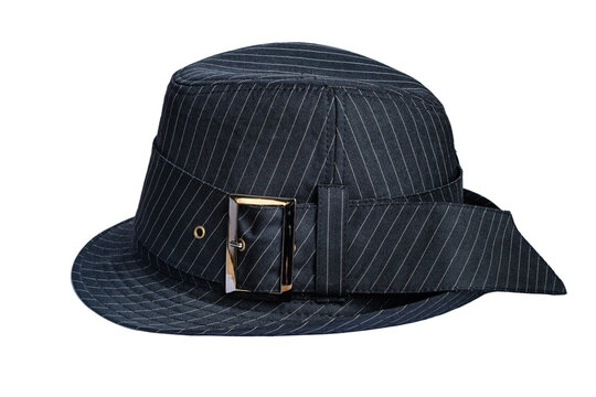Black women's hat. Stylish hat with stripes and black ribbon.
