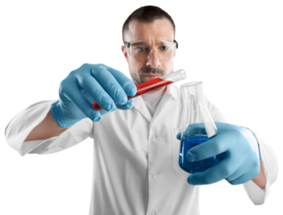 Scientist man with liquid in researcher test tube