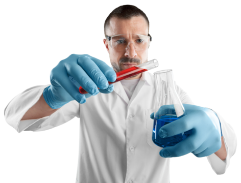 Scientist man with liquid in researcher test tube
