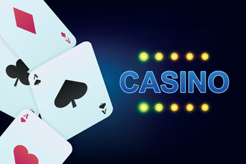Online casino, blue banner for website with button, welcome bonus, casino playing cards and poker chips on blue background