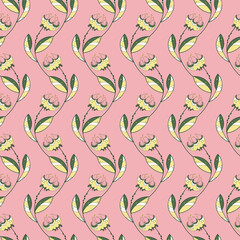 Seamless retro pattern with fantastic flowers, floral ornament on a pink background. Fantastic print, handmade elements. Home decor. For textiles.