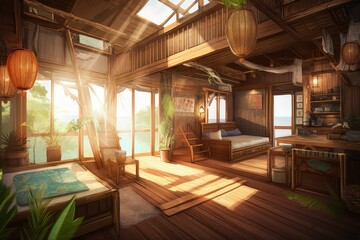 Summer waterfront wood bungalow. Generate Ai