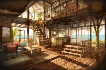 Summer waterfront bamboo bungalow. Generate Ai