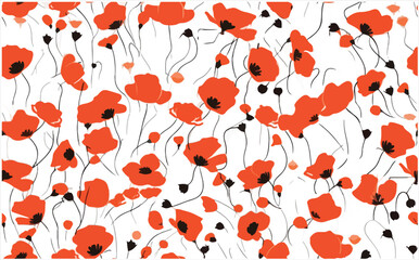 Orange Poppy Flowers with Leaves Seamless Pattern Vector For Digital Printing