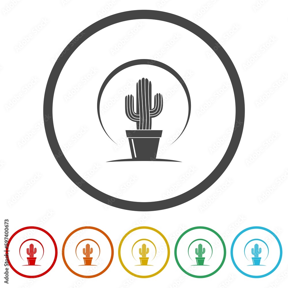 Poster cactus logo. set icons in color circle buttons
