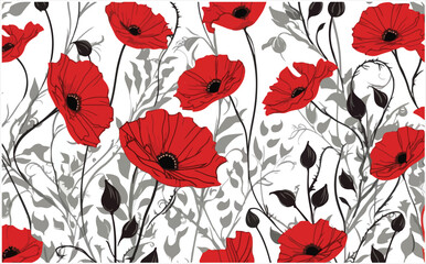 Red Poppy Flowers with Leaves Seamless Pattern Vector For Digital Printing