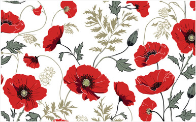 Red Poppy Flowers with Green Leaves Seamless Pattern Vector For Digital Printing