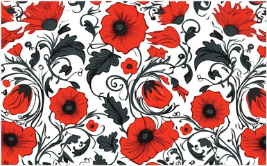 Red Poppy Flowers with Leaves Seamless Pattern Vector For Digital Printing