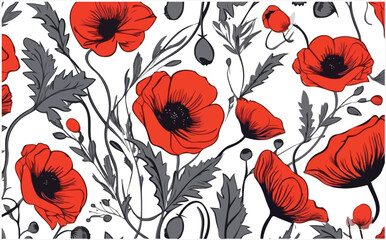 Red Poppy Flowers with Leaves Seamless Pattern Vector For Digital Printing