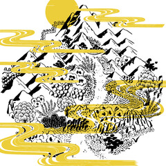 Illustration capturing the poetic beauty of spring mountain landscapes in Korea	