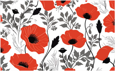 Red Poppy Flowers with Leaves Seamless Pattern Vector For Digital Printing