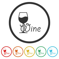 Wine logo design with wine glasses. Set icons in color circle buttons