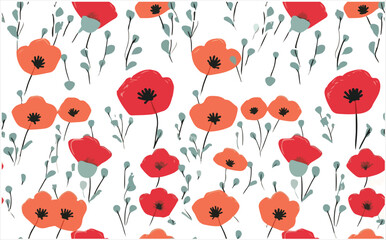 Orange And Red Poppy Flower Seamless Pattern Vector For Digital Printing