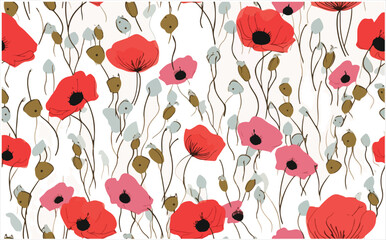Pink And Red Poppy Flower Seamless Pattern Vector To Print