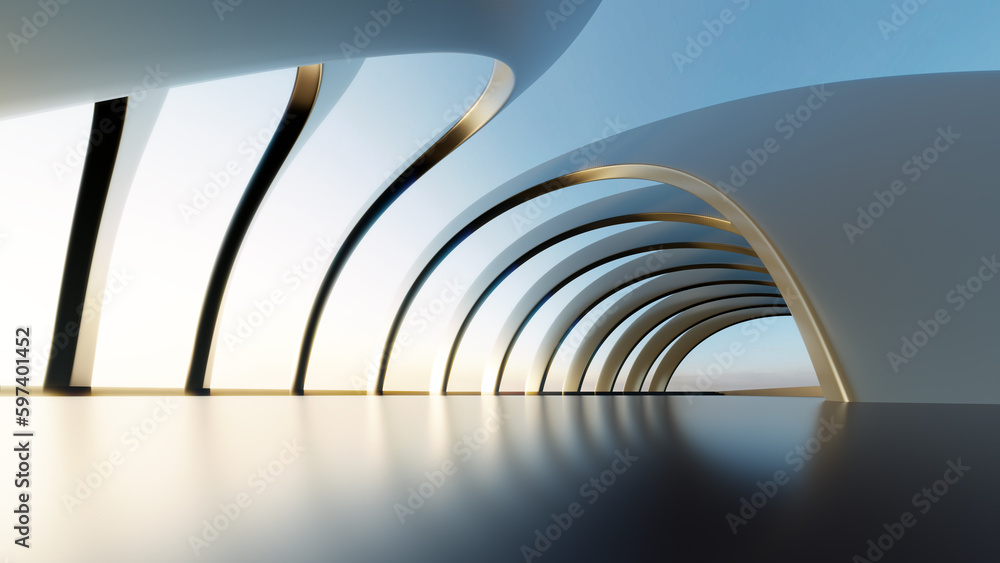 Poster 3d render of abstract futuristic architecture with empty concrete floor.