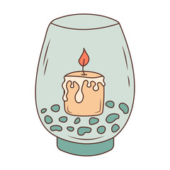 Candle with wax in a vase with stones. Hygge home decor. Hand drawn illustration in doodle style.