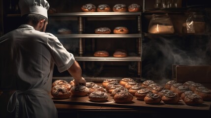 Bakery worker making fresh tasty pastry and bread in bakery shop Generative AI