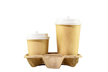 Coffee to go. Two isolated disposable eco friendly cardboard cups on transparent background. Takeaway coffee concept. Front view