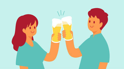 Men and women toasting with beer