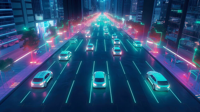 Upper view on the night street with cars organized by autonomous traffic system. Postproducted generative AI illustration.