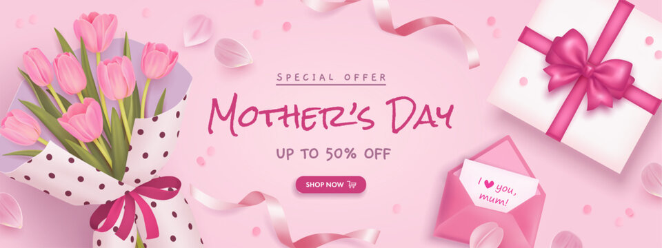 Mother's day sale poster or banner set with bouquet of tulips, envelope and gift box on pink background