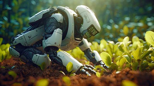 Smart autonomous robotic farmer observes growth of organic plants on a field. Postproducted generative AI illustration.
