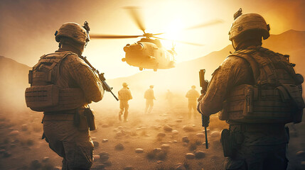 Group of armed soldiers are going back to helicopter on battleground. Postproducted generative AI illustration.