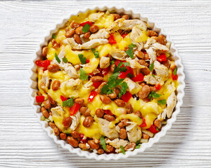 chicken, pinto beans, tomatoes, cheese, top view