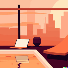 Digital Nomad Vector Illustration Laptop Pool and Skyline