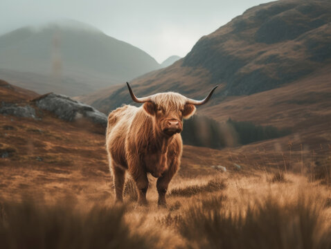 Scotland cow mountains peak italy dolomites snow grass nature wildlife rural alps photography Generative AI
