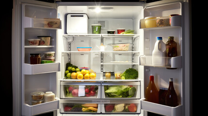 Open Refrigerator Full Of Juice And Fresh Vegetables. Generative. AI