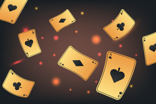 Falling playing cards on a black background with golden lights, sparkles and bokeh. Vector illustration for casino, game design, flyer, poster, banner, web, advertising.