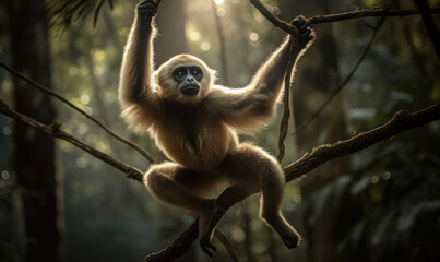 Gibbon suspended mid-air in a forest clearing. Composition showcases gibbon's agile & acrobatic nature, as it swings effortlessly from branch to branch, showcasing its natural habitat. Generative AI