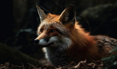 Fototapeta premium close up photo of fox on blurry green forest background. Generative AI