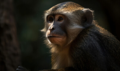 close up photo of guenon primate on blurry bokeh background in its natural habitat. Generative AI