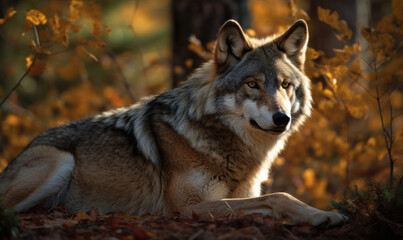 Naklejka na ściany i meble photo of gray wolf sitting on a forest path in Autumn. Generative AI