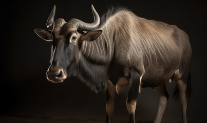 Naklejka premium photo of gnu (Connochaetes) on black background. Generative AI